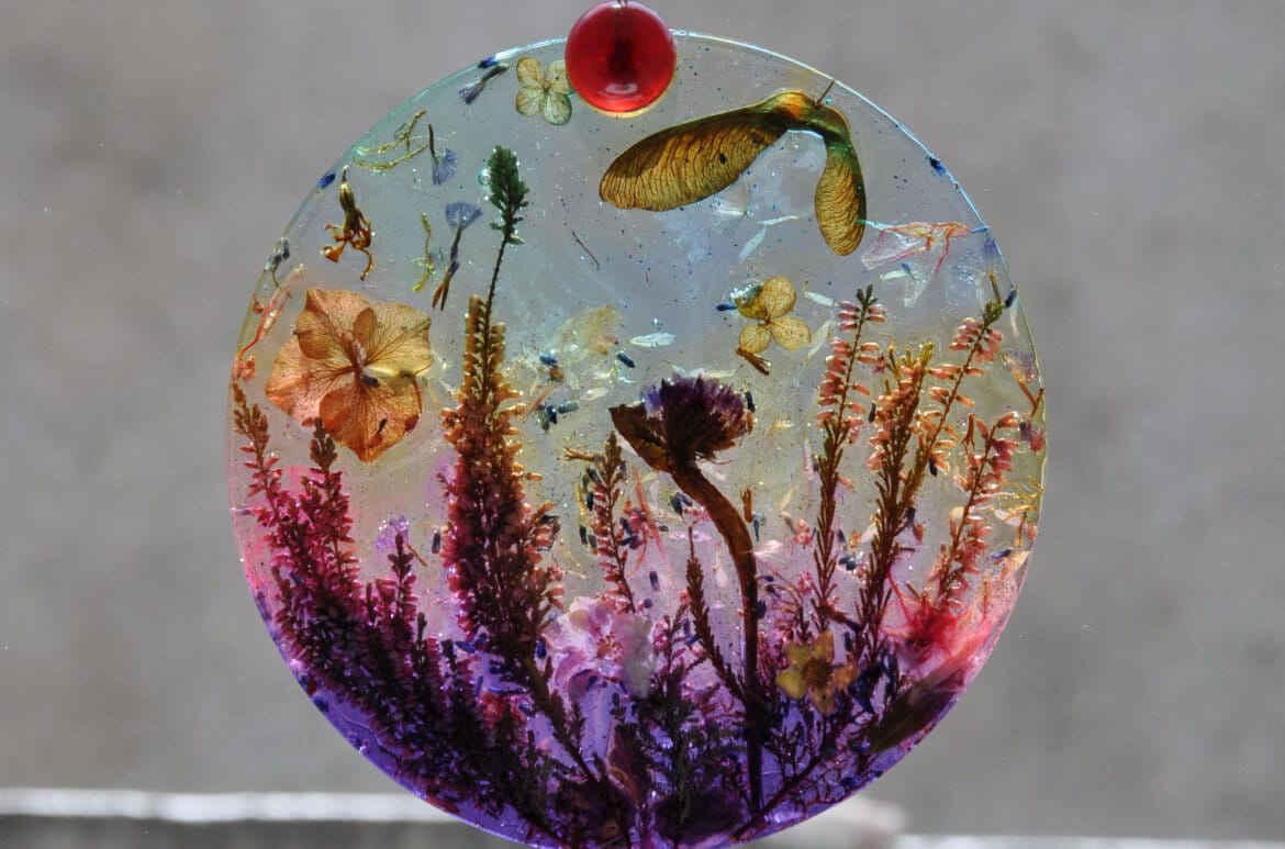 Transparentny roślinny medalion o numerze 15 zawieszony w oknie. Światło słoneczne podświetla rośliny zatopione w żywicy.