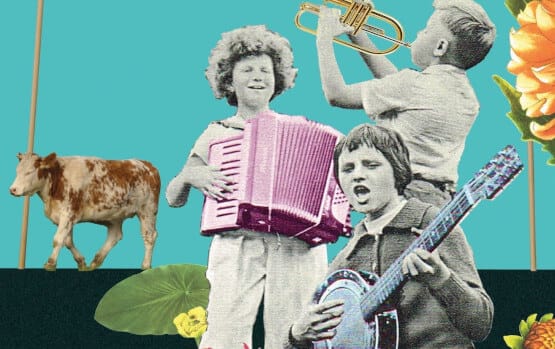 Zwiastun plakatu. Na plakacie dzieci z radością grające na instrumentach. W tle kwiaty, krowa i napis Muuuzyka