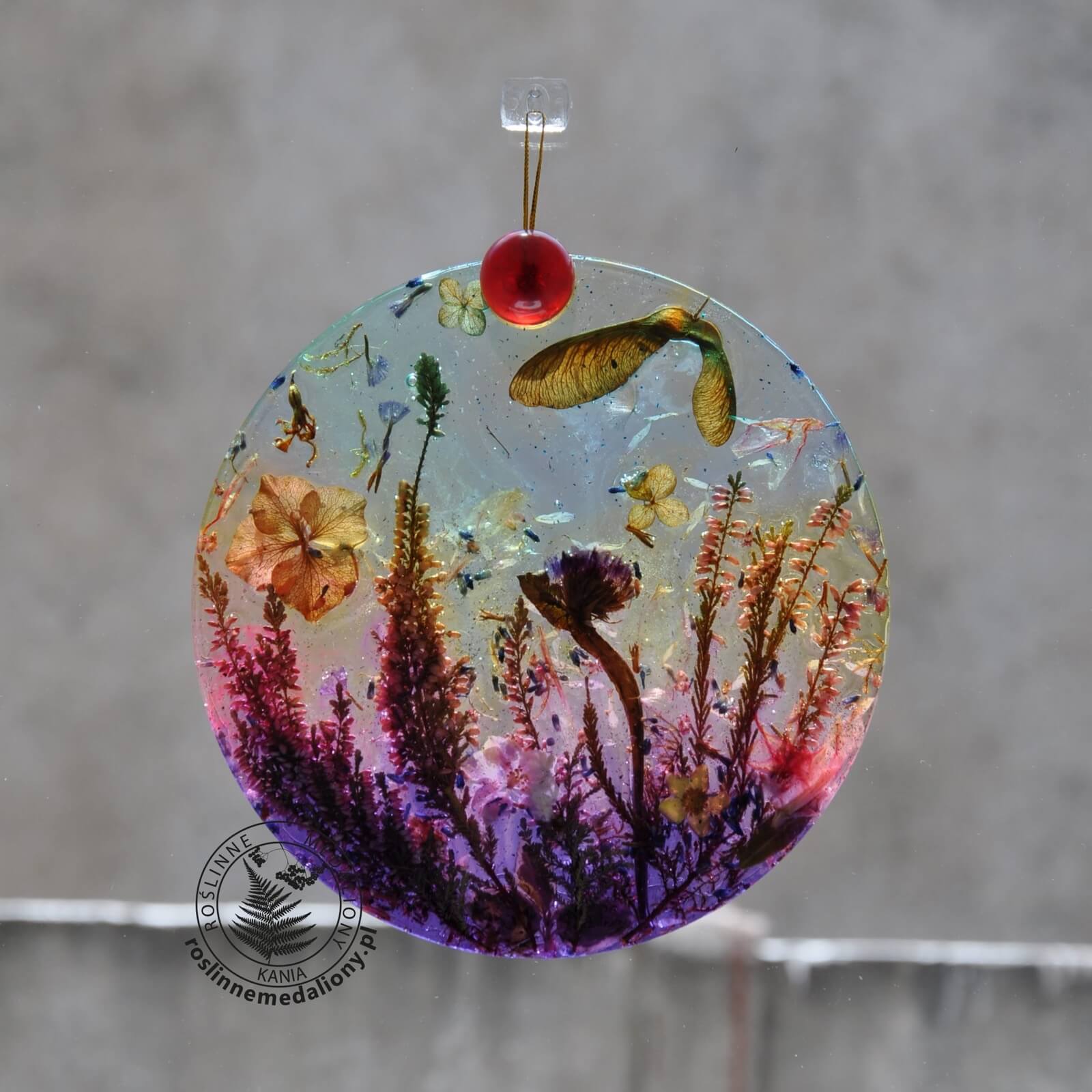 Ręcznie wykonany, okrągły medalion z żywicy, w którym zatopiono różnobarwne suszone rośliny, w tym liście paproci i bratki, zawieszony na szybie okna.