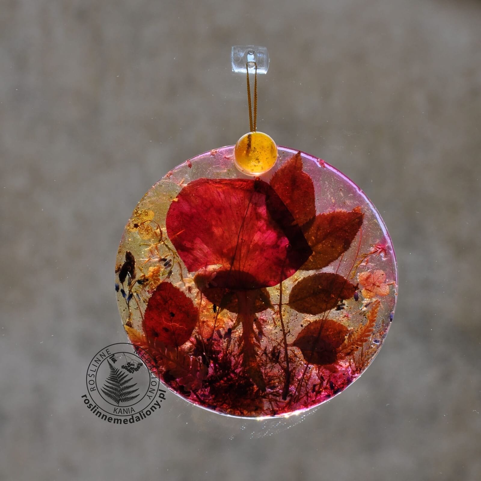 Ręcznie wykonany, okrągły medalion z żywicy, w którym zatopiono różnobarwne suszone rośliny, zawieszony na szybie okna.