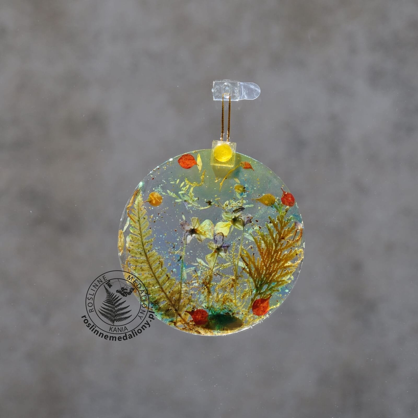 Ręcznie wykonany, okrągły medalion z żywicy, w którym zatopiono różnobarwne suszone rośliny, zawieszony na szybie okna.