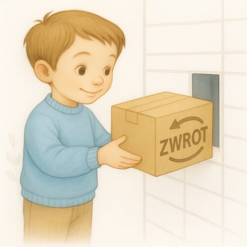 Chłopiec wkłada paczkę ze zwrotem do paczkomatu InPost